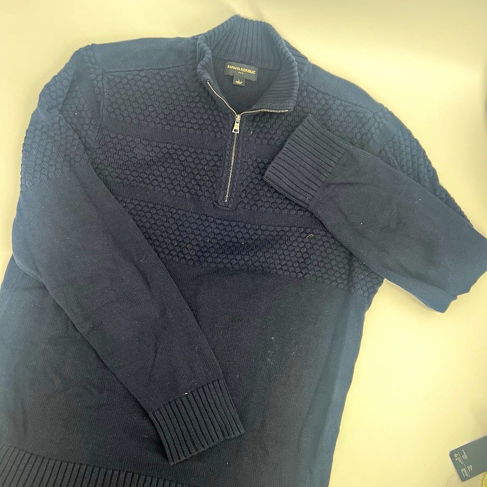 Banana Republic Mens Navy 1/2 Zip Mock Neck Cotton Knit Pullover Sweater L